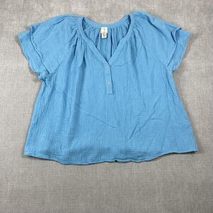 Joie Shirt Womens 2X Blue Gauze Cotton Short Sleeve Henley Peasant Boho Top